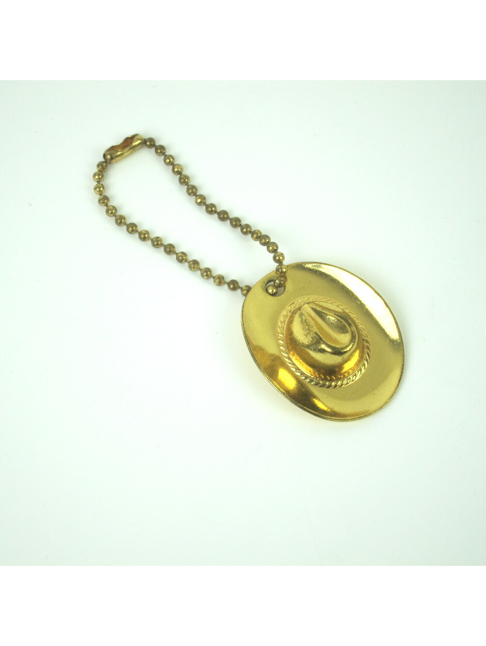 Vintage Cowboy Cowgirl Hat Key Chain Charm Pendant Brass Gold tone Metal 3" x 1"